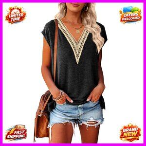 Boho Lace Trim V-Neck Cap Sleeve Tee, Loose Fit Summer Top